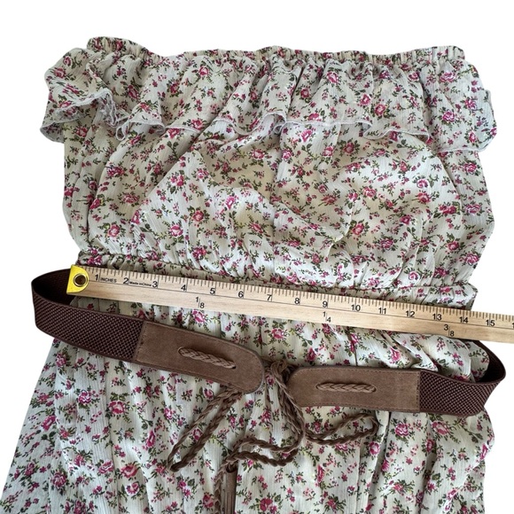 Allison Brittney Beige Boho Peasant Strapless Ruffle Cottagecore Belted Dress - Picture 7 of 8